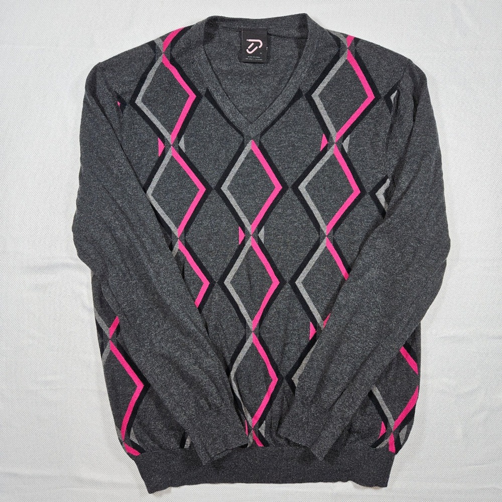 Ian Poulter IJP Design Mens Argyle V Neck Sweater Gray Pink Size XL Cotton Wool‎
